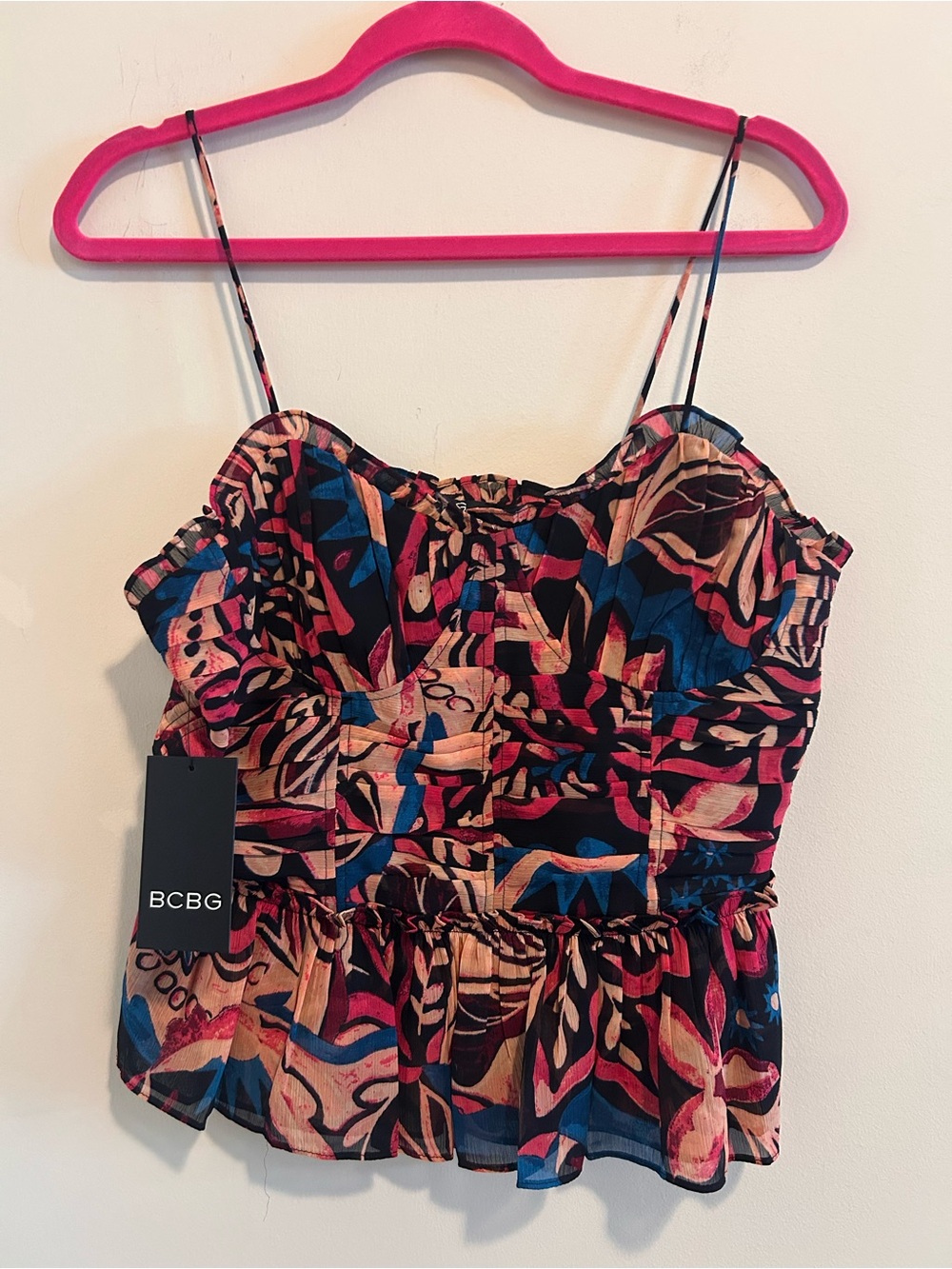 BCBG Multicolor Printed Spaghetti-Strap Ruffle Hem Tank - Pink Blue Black